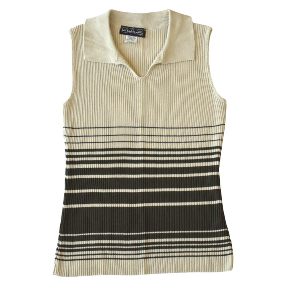 Vintage Ribbed Collared Tank Beige & Olive Stripe Sleeveless Top